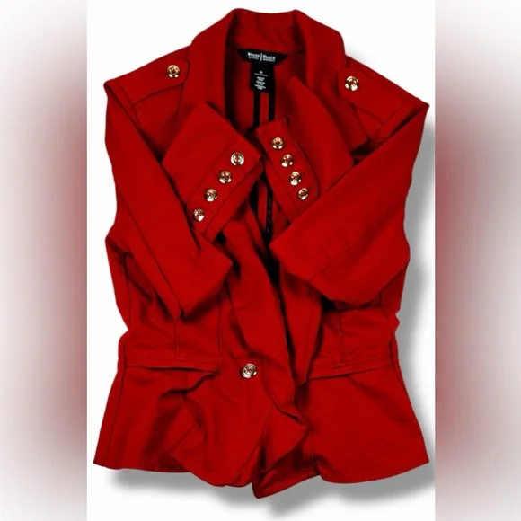 White House Black Market Womens Red Peplum Blazer Jacket Size 10 Gold Button - Picture 9 of 16
